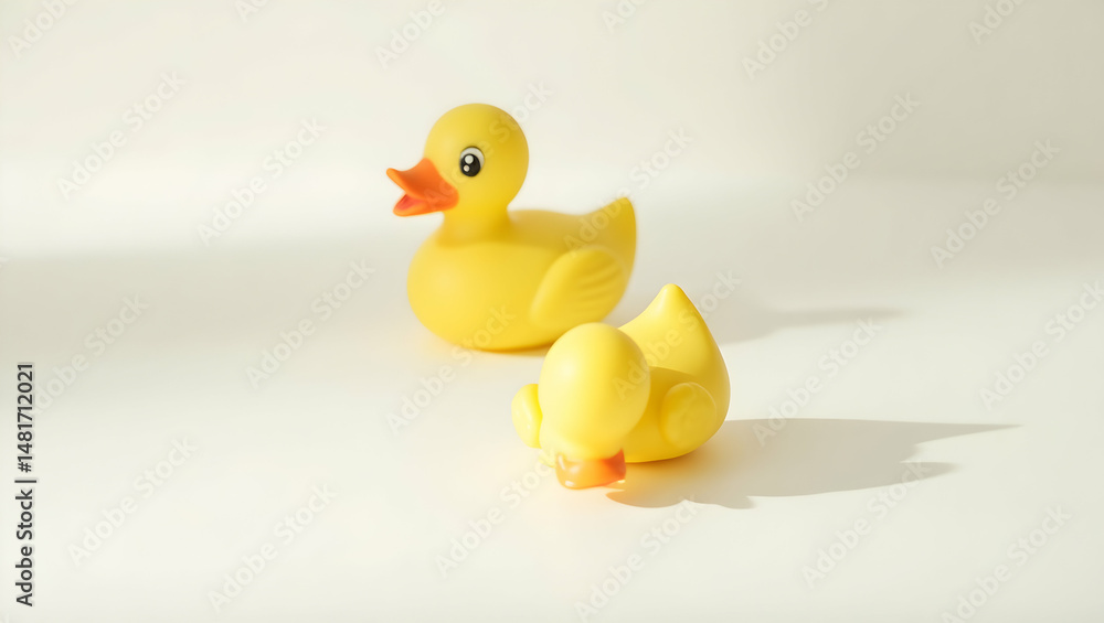 Fototapeta premium Cheerful Rubber Ducks in Bright Yellow Hues Captured in a Playful Still Life Photography, Evoking a Sense of Childhood Joy and Innocence