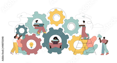 Gears, teamwork. The people on the team turn and push the gears. Interaction, workflow.eps