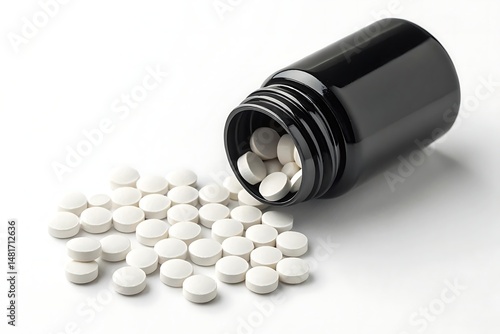 Melatonin tablets spilling from black bottle – sleep aid concept
