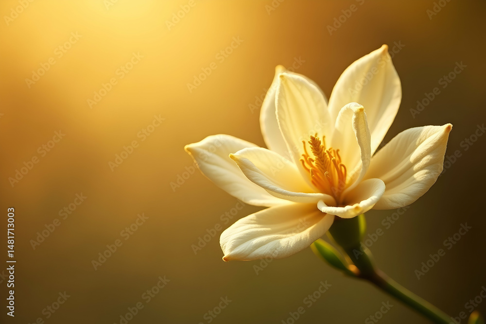 Fototapeta premium Close-up of a Graceful Jasmine Blossom Radiating Soft Golden Light Against a Muted Hued, Evoking Serenity and Natural Beauty in Floral Still Life