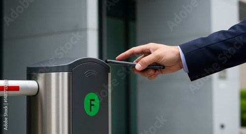 Photo Man Using Key Fob Access Building Security Gate