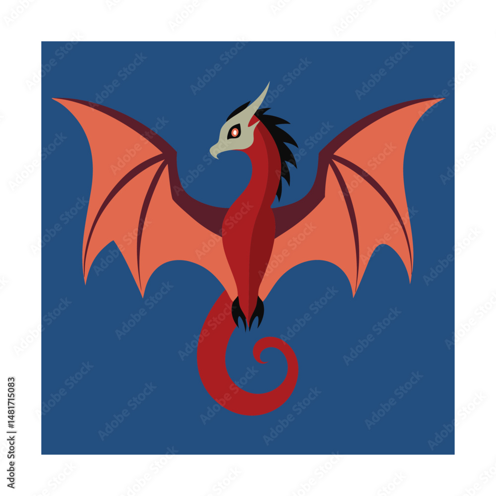 Fototapeta premium Illustration of a majestic red dragon with orange wings on a dark blue background