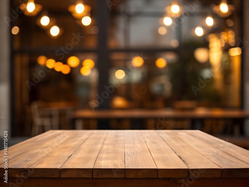 A wooden table foreground with a blurred background of warm, glowing lights, creating a cozy and inviting atmosphere