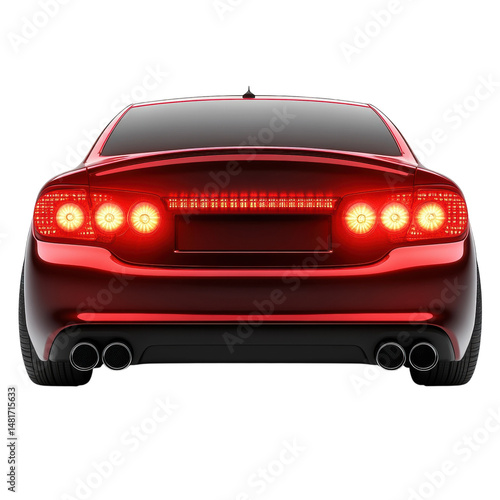 Sleek crimson sports car gleams taillights ablaze showcasing power and on transparent background