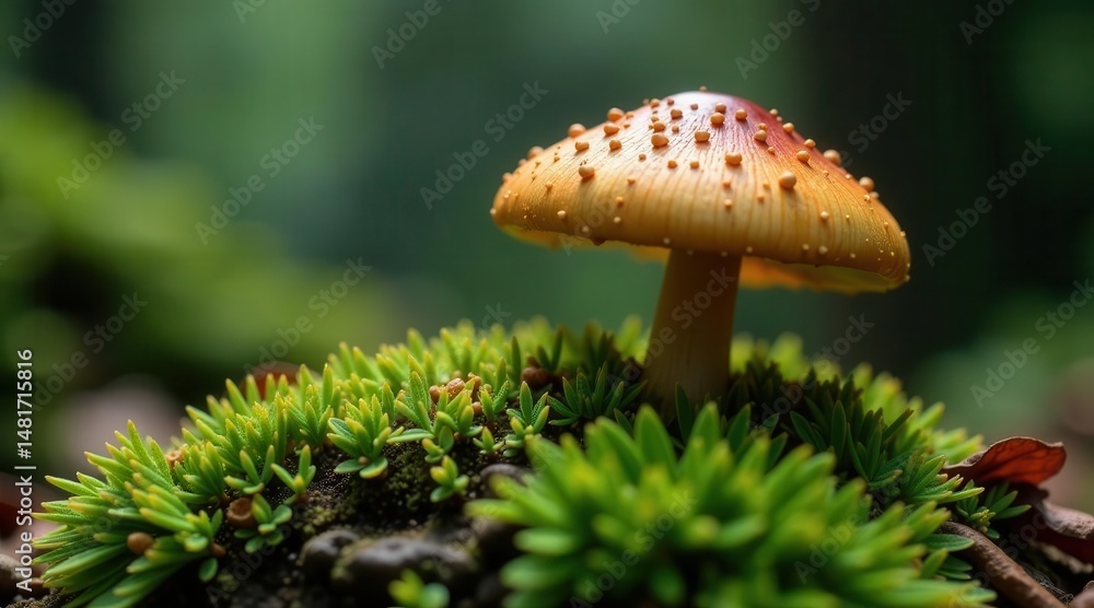 Fototapeta premium A delicate mushroom, speckled cap and golden hue, emerges from vibrant green moss, a tiny forest floor scene