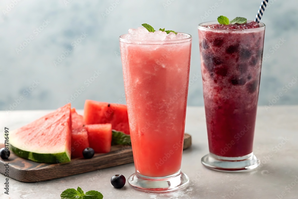 Fruity granita drink with watermelon or berries – cold refreshing beverage Fruity granita drink with watermelon or berries – cold refreshing beverage