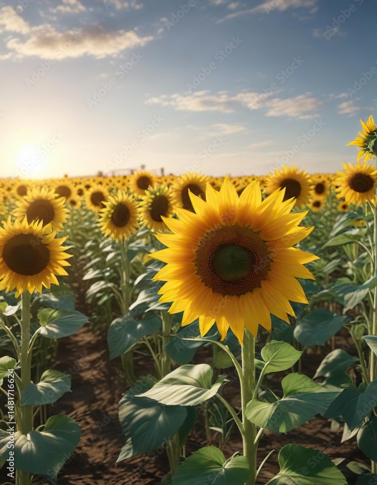 Fototapeta premium Vibrant sunflower field with tall yellow blooms, fields, garden, landscape, tall grass