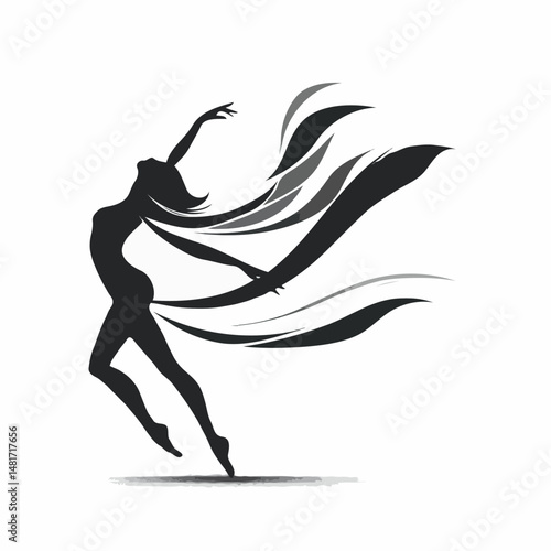 Dancing woman silhouette with flowing fabric