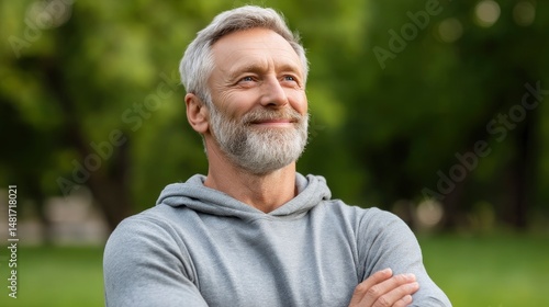 Mature Man Smiling with Arms Crossed Outdoors in Park