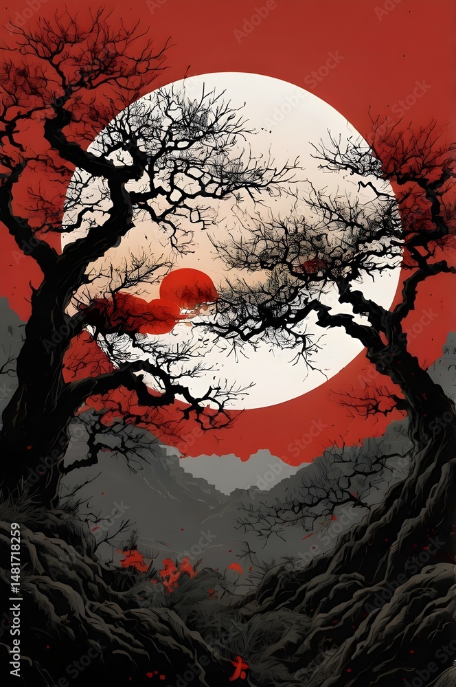 A high-quality manga-style illustration with no background, Old dark tree in black with dense leaves, in the background a red sun in Chinese style. The design is isolated,Generative Ai
A high-quality manga-style illustration with no background, Old dark tree in black with dense leaves, in the background a red sun in Chinese style. The design is isolated,Generative Ai