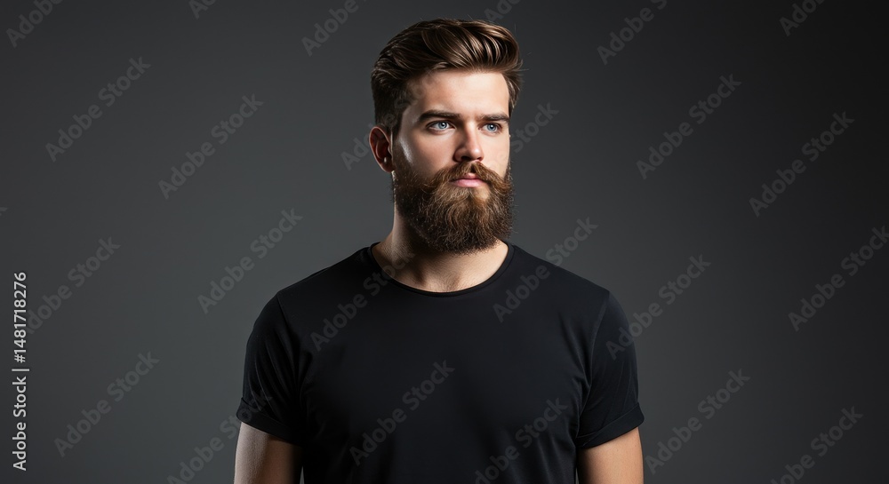 Fototapeta premium Photo of Bearded Man Portrait in Black against Dark Background