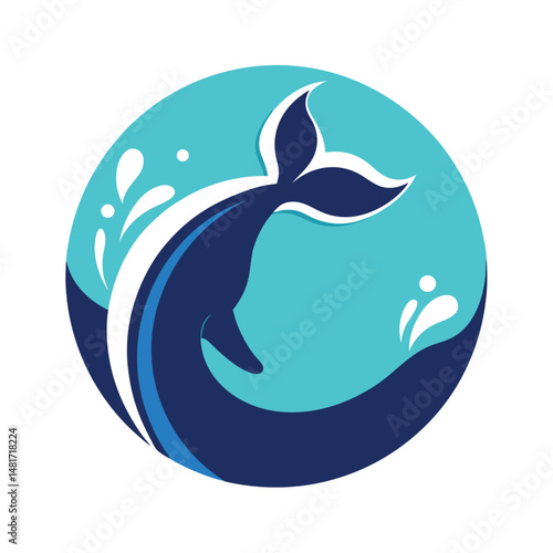 Playful illustration of a leaping whale breaching water inside a circular design element.