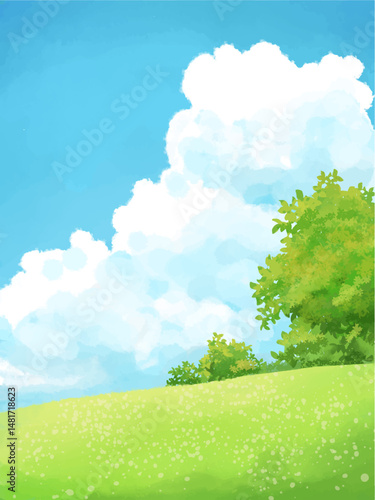 cute abstract watercolor illustration of colorful soft pastel cloud blue sky, grass field, meadow hill scenery background wallpaper	