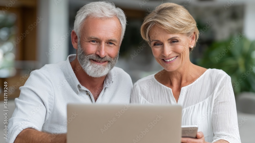 Mature Couple Using Laptop Smiling at Camera Indoors Mature Couple Using Laptop Smiling at Camera Indoors