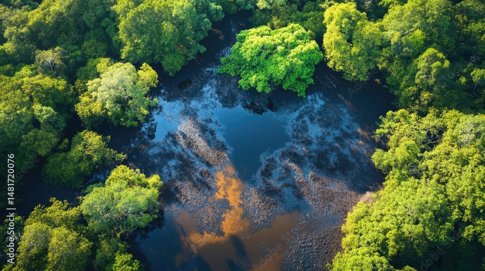 Mangrove Aerial View. Serene Lagoon Surrounded By Lush Green Trees, Showcasing Nature'S Beauty From Above. Mangrove Aerial View. Serene Lagoon Surrounded By Lush Green Trees, Showcasing Nature'S Beauty From Above.
