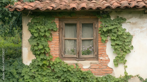 Lush Green Ivy and Purple Flowers Climbing on Old Brick Wall with Wooden Window