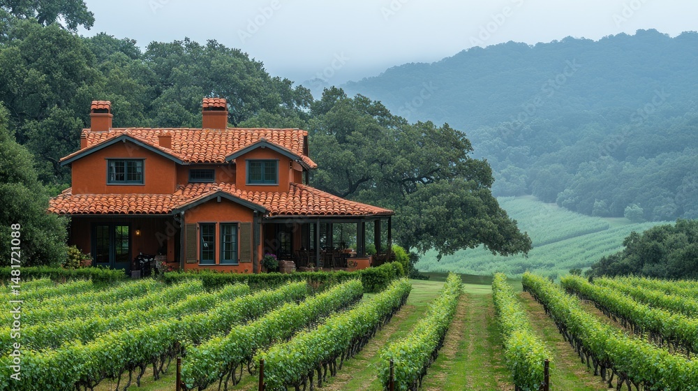 Rustic vineyard estate with a terracotta roof. Rustic vineyard estate with a terracotta roof.