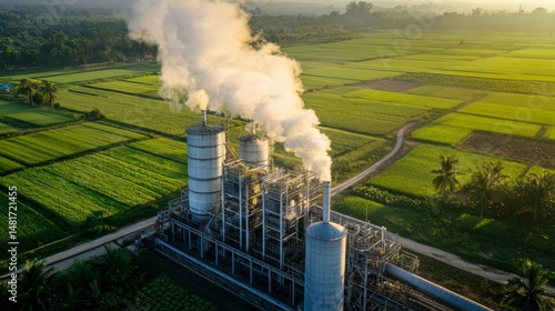 Fertilizer factory emissions near verdant crops environmental impact pollution from industrial plant with green fields background showcasing agriculture and industry 