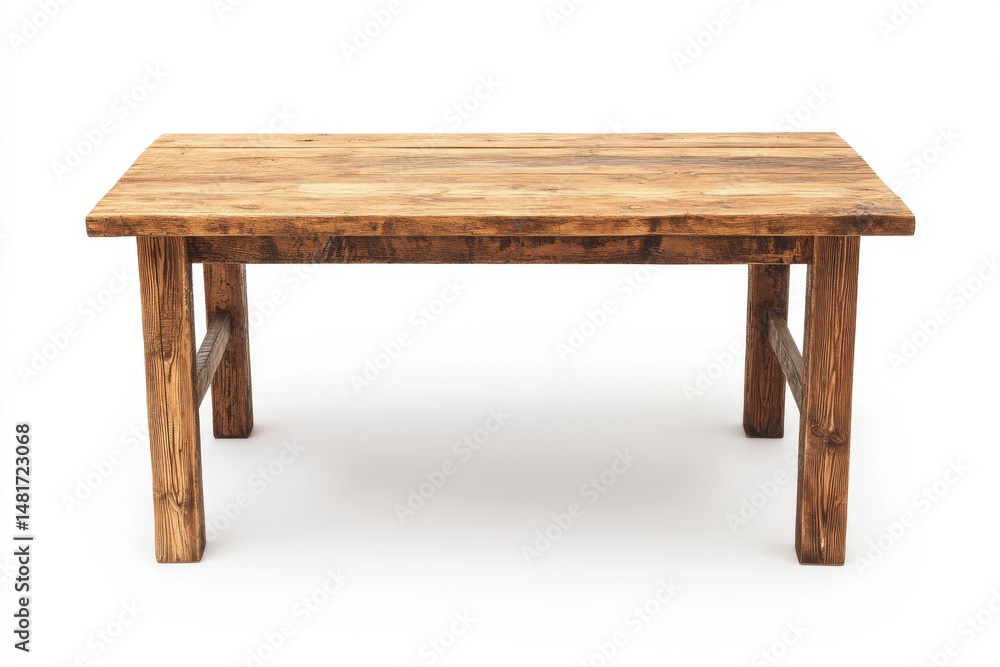 Rustic wooden table isolated on white background for dining, crafting, or display uses. Rustic wooden table isolated on white background for dining, crafting, or display uses.