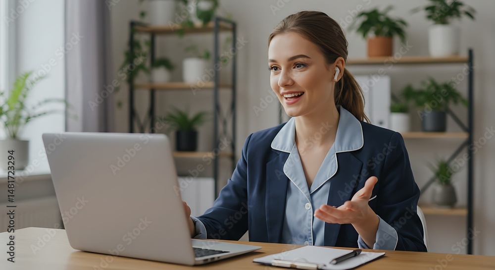 Woman on video call conference using laptop for online meeting remote work business webinar communication Woman on video call conference using laptop for online meeting remote work business webinar communication