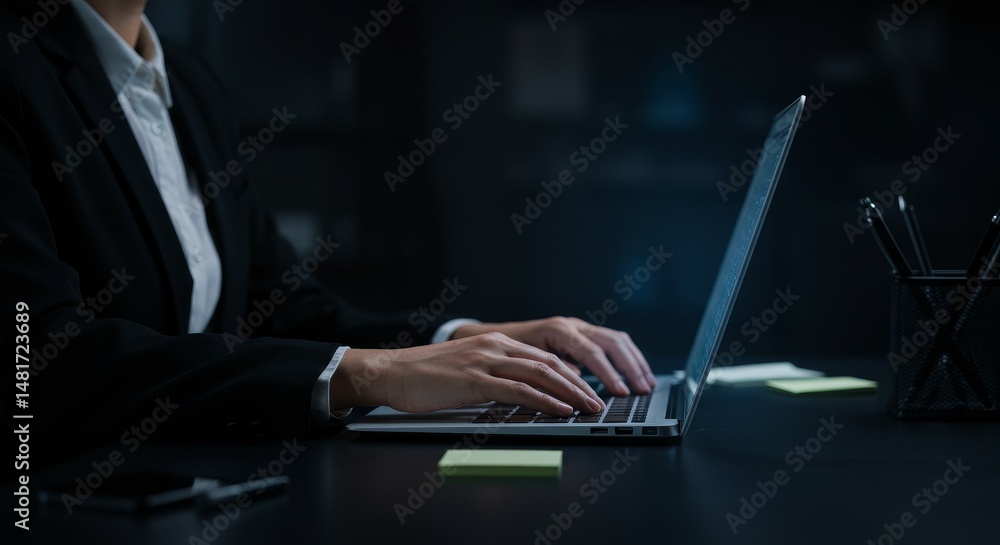 Photo of Businesswoman Working on Laptop at Night Photo of Businesswoman Working on Laptop at Night