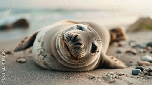 Cute seal relaxing on beach