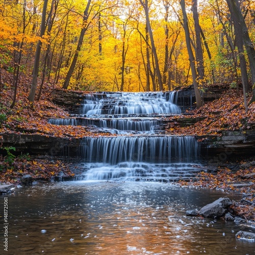 Waterfall cascading over stone ledge into calm pond surrounded by autumn forest with red, orange, and yellow leaves. Generative by AI.