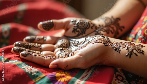 Intricate henna design displayed on hand with vibrant fabrics, celebration