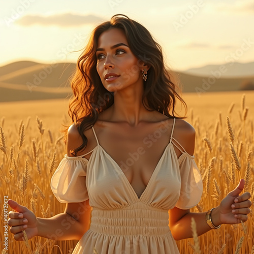 A woman is standing in a field of wheat at sunset, wearing a flowing white dress and holding a bouquet of wildflowers.