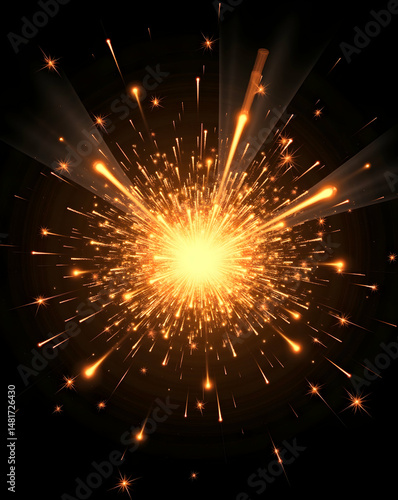 Dynamic Burst of Golden Light, An Energetic Abstract Composition with Sparkling Particles Radiating Outward in a Captivating and Visually Stunning Display