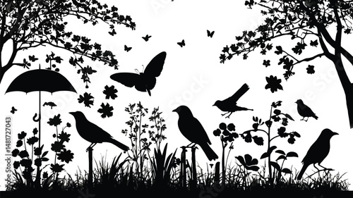 Foto chirping bird silhouette, spring greeting vector,