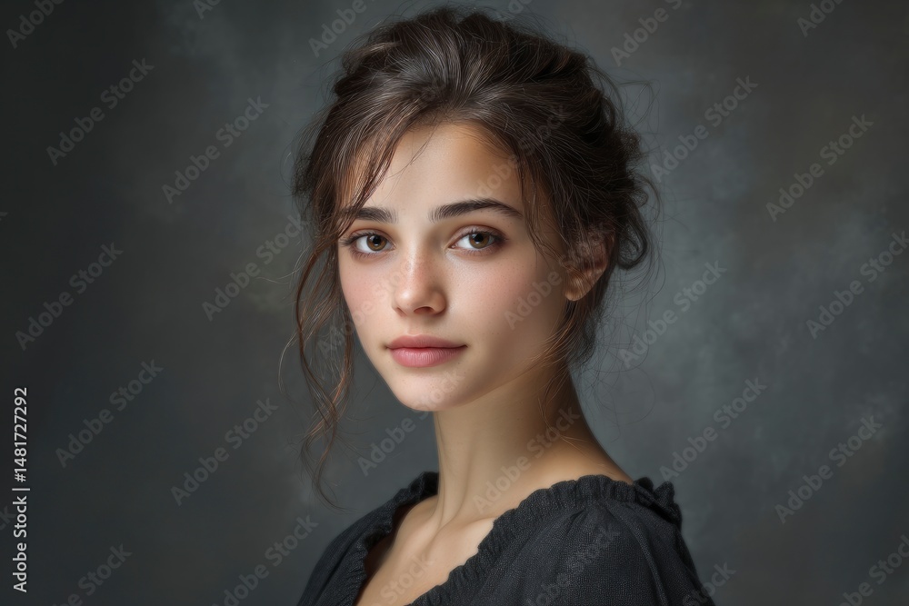 Portrait of a Pensive Young Woman with Brown Hair Against Dark Gray Portrait of a Pensive Young Woman with Brown Hair Against Dark Gray