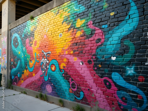 Dynamic urban art, A vibrant graffiti mural on a brick wall, bursting with color and energy, showcasing intricate details and captivating designs in an outdoor setting