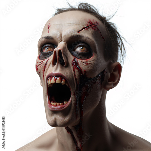 A hauntingly beautiful portrait of a man with a grotesque, zombie-like appearance, his eyes sunken and skin pale, surrounded by blood-stained fabric.