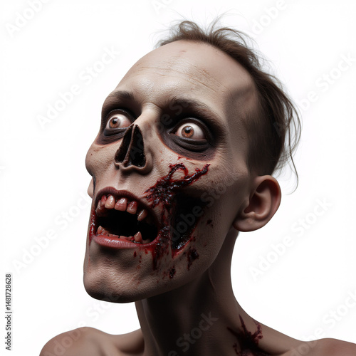 A terrifying zombie with a grotesque face and exposed bones, its eyes sunken deep into their sockets as if staring into the abyss.