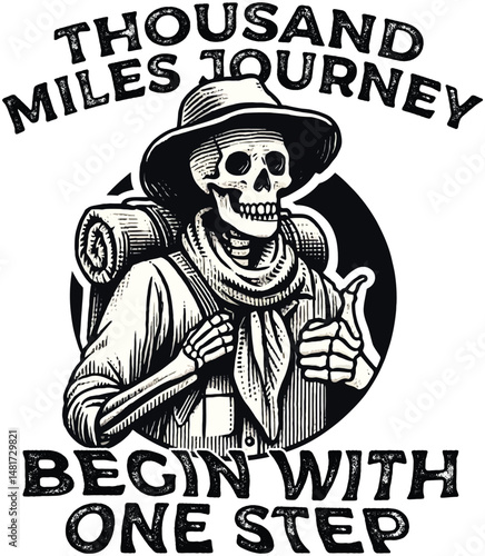 Thousand Miles Journey A Vector T-Shirt Design Featuring a Skeleton Traveler