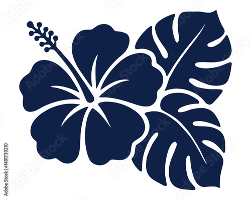 Tropical Hibiscus Flower and Monstera Leaf Silhouette – Navy Blue Flat Vector for Summer and Beach Design