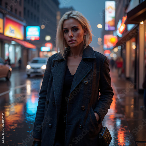 A woman standing on a wet city street at dusk.