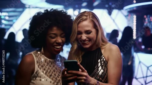 Two diverse young women, one Black and one European, laugh heartily while looking at a smartphone in a vibrant nightclub with dancing silhouettes. For social media moments or nightlife ads.