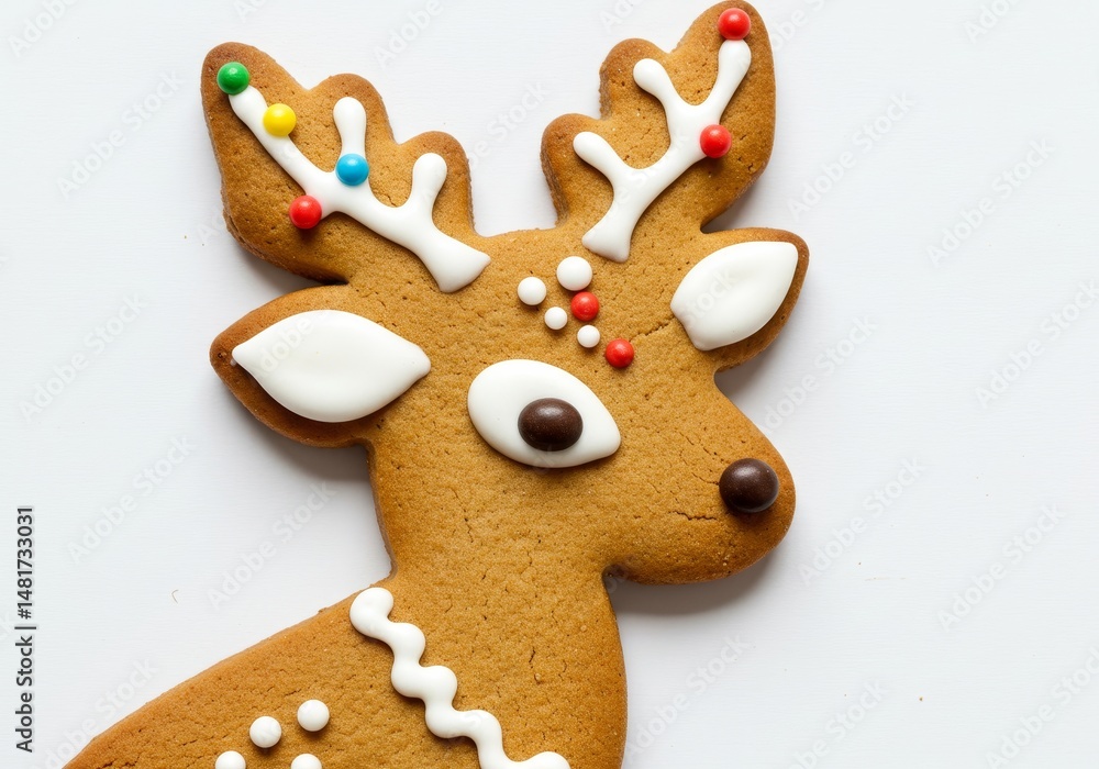 Naklejka premium Closeup Photo of Gingerbread Reindeer Cookie on White Background