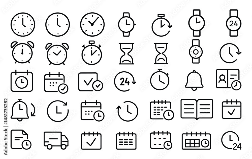Time and Schedule Icon Set – Line Style Vector Icons of Clocks, Alarms, Calendars, and Timers for UIUX and Productivity Apps Time and Schedule Icon Set – Line Style Vector Icons of Clocks, Alarms, Calendars, and Timers for UIUX and Productivity Apps