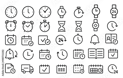 Time and Schedule Icon Set – Line Style Vector Icons of Clocks, Alarms, Calendars, and Timers for UIUX and Productivity Apps