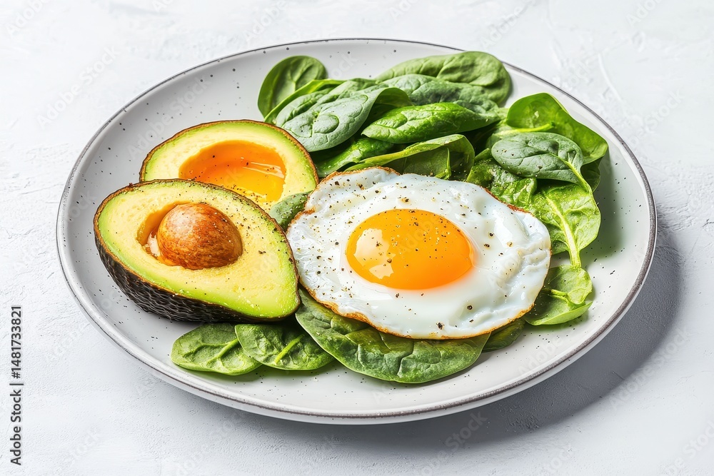 Healthy breakfast with avocado, fried egg, and spinach Healthy breakfast with avocado, fried egg, and spinach