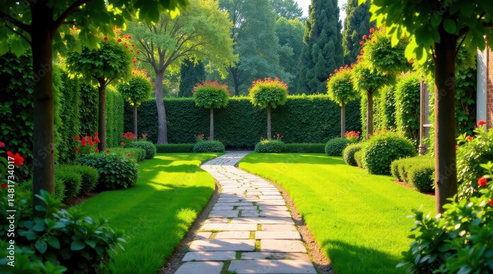 Obraz premium A Serene Garden Path Meandering Through Lush Greenery and Vibrant Blooms, a Picturesque Landscape Design Featuring Well-Maintained Lawns and Ornamental Trees