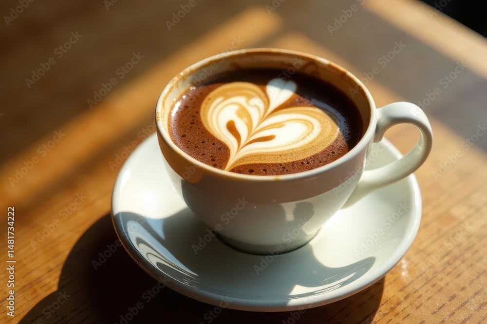 Obraz premium Aromatic Coffee Drink with Heart Shaped Latte Art in Sunlight on Wooden Table