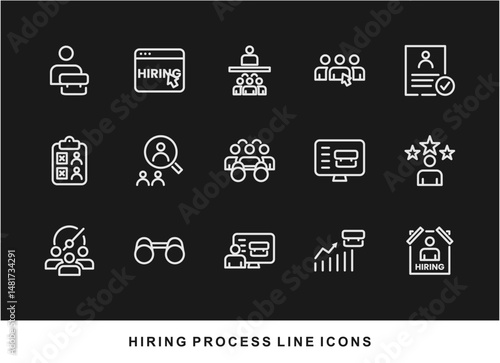 Hiring Process Line Icons. Recruitment, Job Application, Interview, Candidate Selection Vector Set