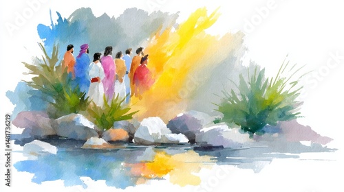 Exploring the Historical Significance of Watercolor Paintings Featuring People Walking on Rocks in Relation to Jesus and Resurrection Events