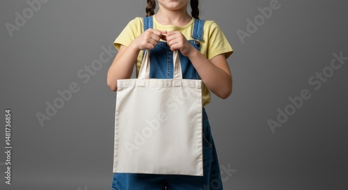 Photo of Girl Holding Reusable Eco Bag Mockup on Grey Background
