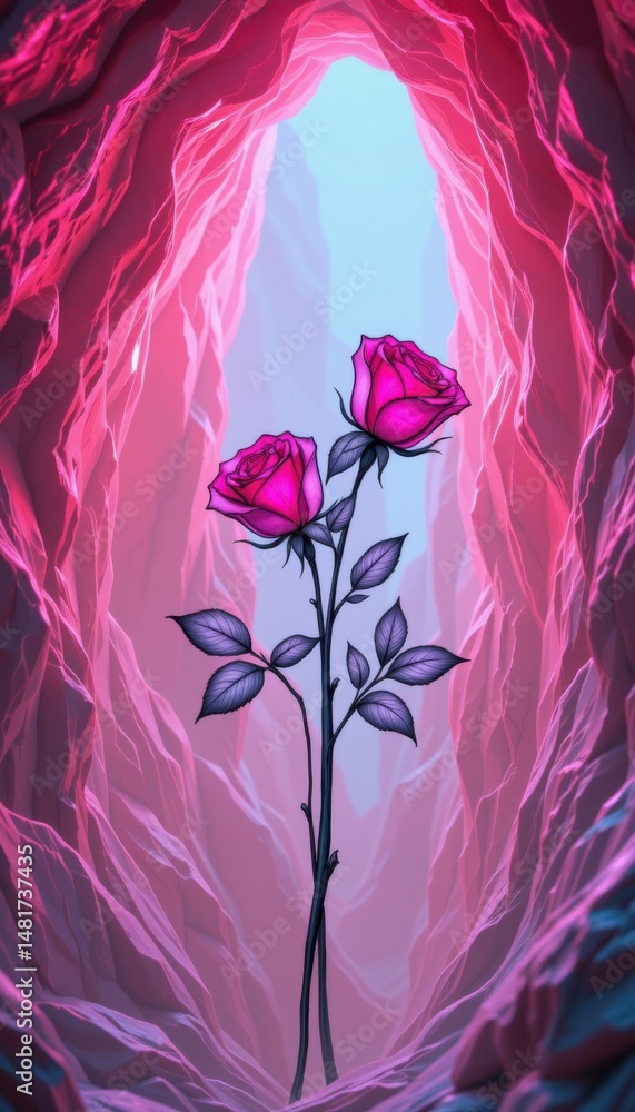Obraz premium Two Pink Roses in a Pink Pixel Art Cave