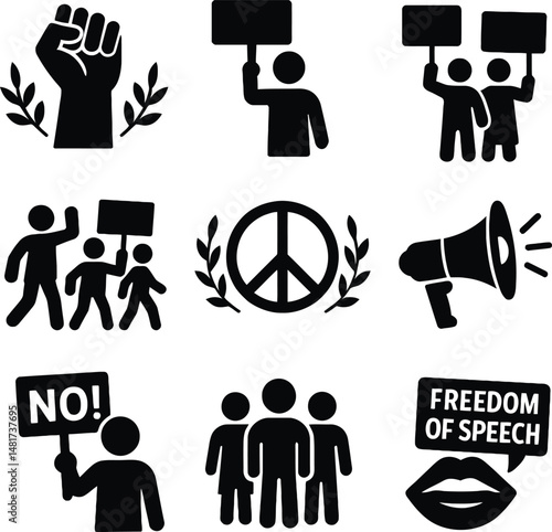 solid black silhouette icons representing protest and activism elements.